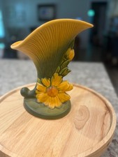 Roseville Pottery Peony Pattern Cornucopia Vase, Yellow/Green — listing 4