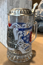 Vintage Etched Glass Beer Stein with Hinged Pewter Lid and Ball Thumblift — listing 3