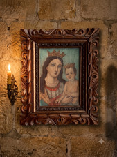 Original Mexican Colonial Village Oil Painting, Church Courtyard Scene Viewed Through Stone Arch, Signed, Large Framed 32" x 43.5"