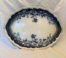 Antique Victorian White Ironstone Serving Platter with Pink Floral Transfer and Embossed Scroll Rim