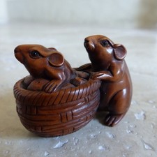 Antique Carved Wood Netsuke of Two Rats with Rice Sheaf, 2 Inch, Signed Underside, Maker Unknown — listing 6