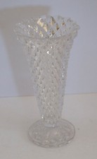 Pressed Crystal Glass Vase with Fanned Rim and Diamond Cut Pattern