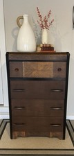 Art Deco Waterfall Tallboy Chest of Drawers, 55" Tall, Bookmatched Walnut Veneer — listing 3