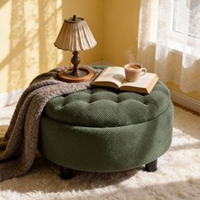Large Round Upholstered Cocktail Ottoman with Carved Wood Base, Paisley Chenille — listing 2