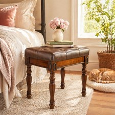 Vintage Wood Vanity Bench with Curved Back and Upholstered Tapestry Seat — listing 4