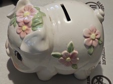 Modern Pink Ceramic Piggy Bank with Closed Eyelash Detail — listing 3