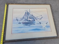 Vintage Maritime Seascape Oil Painting Fishing Trawler at Sunset — listing 2