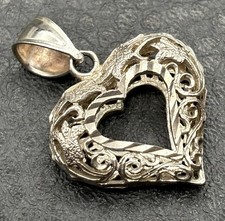 Silver-Tone Puffed Filigree Heart Pendant with Pavé Rhinestones, 1-1/2" Wide