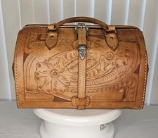 Vintage Hand-Tooled Leather Doctor's Bag / Gladstone Frame Bag with Crocodile Inset & Floral Liberty-Style Lining No visible mark at all — listing 5
