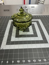 Vintage Green Glass Pedestal Candy Dish with Lid, Strawberry Pattern, Pointed Finial — listing 5