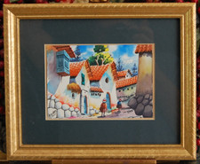 Original Signed Watercolor Painting, Peruvian/Andean Village Street Scene with Figures, Framed 10x6.5" — listing 5