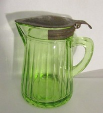 Vintage Uranium Green Depression Glass Syrup Pitcher with Hinged Metal Lid, 4.5 inches — listing 5