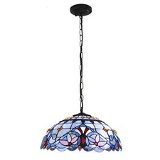 Vintage Spanish Revival Six-Panel Stained Slag Glass Pendant Lamp with Gilt Scrollwork — listing 3