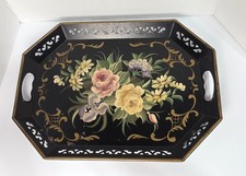 Nashco Hand-Painted Tole Metal Tray with Pierced Rim, Blue Floral Design