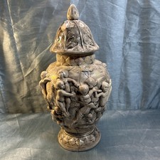 Pair of Italian Capodimonte-Style Covered Urns with Figural Cherub Finials and Relief Putti Scenes — listing 3