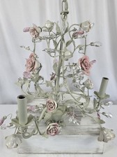 Italian Gilt Tole Toleware Chandelier with White Porcelain Roses, 3-Light — listing 6