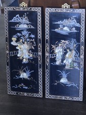 Pair of Chinese Black Lacquer Wall Panels with Carved Soapstone Applied Figures (Geishas & Still Life) — listing 6