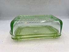 Vintage Uranium Green Depression Glass Covered Butter Dish with Embossed "BUTTER" Lid