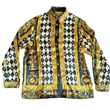 Vintage Baroque Print Silk Button-Up Shirt, Red & Gold Scrollwork Versace / Gianni Versace — listing 2