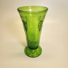 Sascka B Art Glass Cylinder Vase, Green with Embossed Grapevine Motif, 10" Tall — listing 2