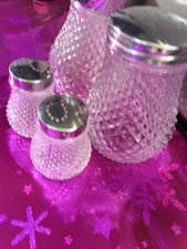 Vintage Diamond Cut Pattern Glass Salt & Pepper Shaker Set with Chrome Lids