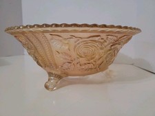 Marigold Carnival Glass Three-Footed Rose Bowl with Daisy/Cabbage Rose Pattern — listing 3