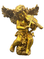 Vintage Cherub Angel Playing Lyre Figurine, Matte White Bisque/Chalkware — listing 5