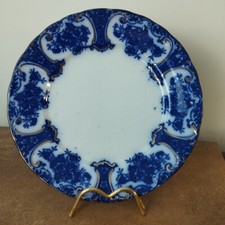 Antique Flow Blue Scenic Cabinet Plate with Gilt Scalloped Rim (Windmill/Boat Scene) Only a faint impressed number/letter
