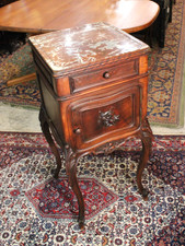 Antique French Louis XV/XVI Transitional Style Marquetry Petite Commode Nightstand with Breche d'Alep Marble Top — listing 2