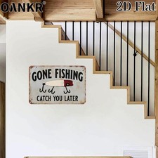 Recycled Metal 'Gone Fishing' Round Wall Sign with 3D Red Truck and Fishing Rod — listing 6