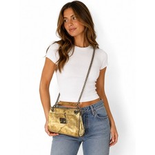 Vintage 1980s Multi-Color Striped Metallic Gold Leather Crossbody Handbag with Mirror — listing 6