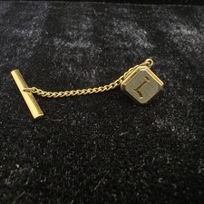 Vintage Gold-Tone Monogram "R" Tie Tack with Chain and T-Bar — listing 5