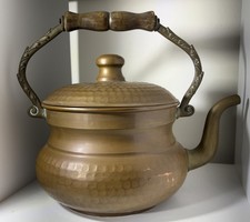 Antique Hammered Copper Kettle with Bamboo-Style Handle, Black Patina