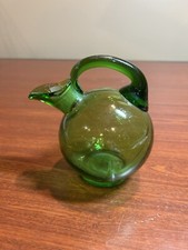 Vintage Forest Green Glass Tilt Ball Pitcher with Applied Clear Handle and Set of 6 Footed Tumblers — listing 3