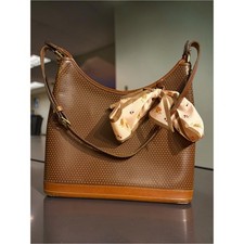 Cream Perforated Floral Leather Hobo Shoulder Bag with Tassel