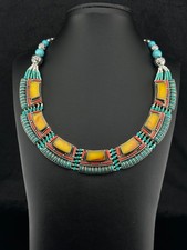 Tibetan/Nepalese Amber-Colored Resin Pendant with Repoussé Silver-Tone Caps and Turquoise Accents — listing 2