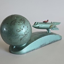 Retro-Style Tin Litho Space Toy Set — Wind-Up Robot Astronaut and Rocket Ship / Flying Saucer Bell — listing 2