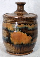 signed studio pottery Studio Pottery Lidded Jar with Twisted Rope Handle, Signed