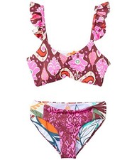 Girls' Two-Piece Ruffle Bikini Swimsuit, Orange & Yellow Colorblock, UPF 40+, Size 14 — listing 4