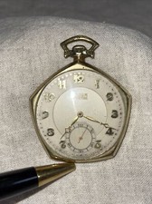 Gruen VeriThin Gold-Filled Open-Face Pocket Watch with Floral Engraved Dial and Chain — listing 6
