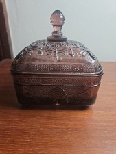 Vintage Olive Green Pressed Glass Covered Candy Dish, Indiana Glass Princess Diamond Point Pattern