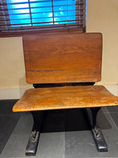 Vintage "Silent Giant" Cast Iron & Wood Folding School Desk with Painted Floral Stenciling — listing 3