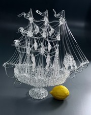 Spun Glass Sailing Ship Figurine with Blue Hull and Gold Sail Tips — listing 5
