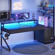 Corner Computer Desk with Glass Top, Elevated Monitor Shelf, and Side Storage Shelves — listing 3
