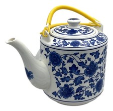 Mid-Century Blue & White Partial Tea Set - Teapot with Bamboo Handle, 4 Cups, Creamer & 2 Footed Compotes — listing 2