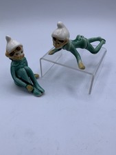 Vintage Mid-Century Ceramic Christmas Pixie Elf Figurines, Pair (Boy & Girl) with Holly Caps - Candleholders/Place Card Holders — listing 2