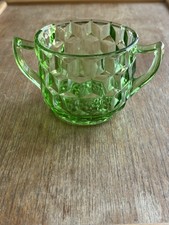 Green Depression Glass Footed Covered Candy Jar with Block/Panel Pattern — listing 6