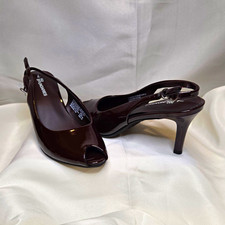 Red Patent Leather Pointed-Toe Grommet Buckle Slingback Flats, Size 39, listing 5