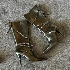 Women's Black Pointed-Toe Mid-Calf Stiletto Boots with Gold Buckle Accent, Size 10 — listing 2