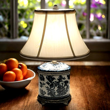 Blue and White Ceramic Ginger Jar Table Lamp with Cherub Cartouche Motif — listing 2